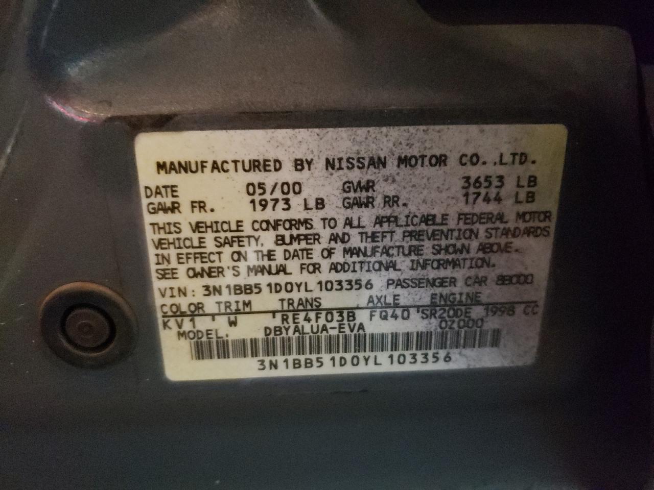 3N1BB51D0YL103356 2000 Nissan Sentra Se