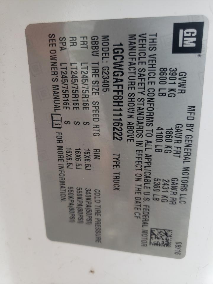 2017 Chevrolet Express G2500 VIN: 1GCWGAFF8H1116222 Lot: 57937694