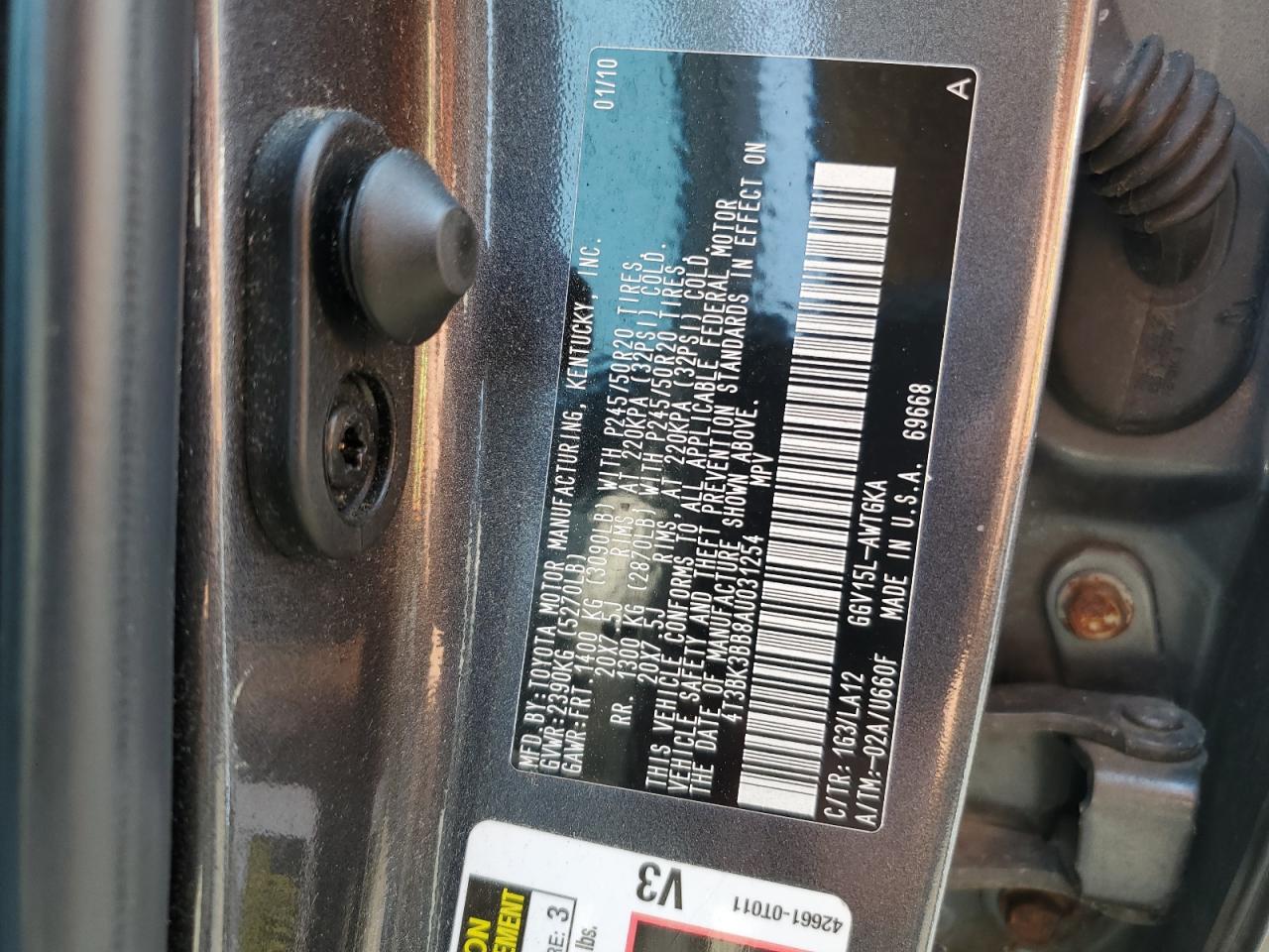 2010 Toyota Venza VIN: 4T3BK3BB8AU031254 Lot: 60100684