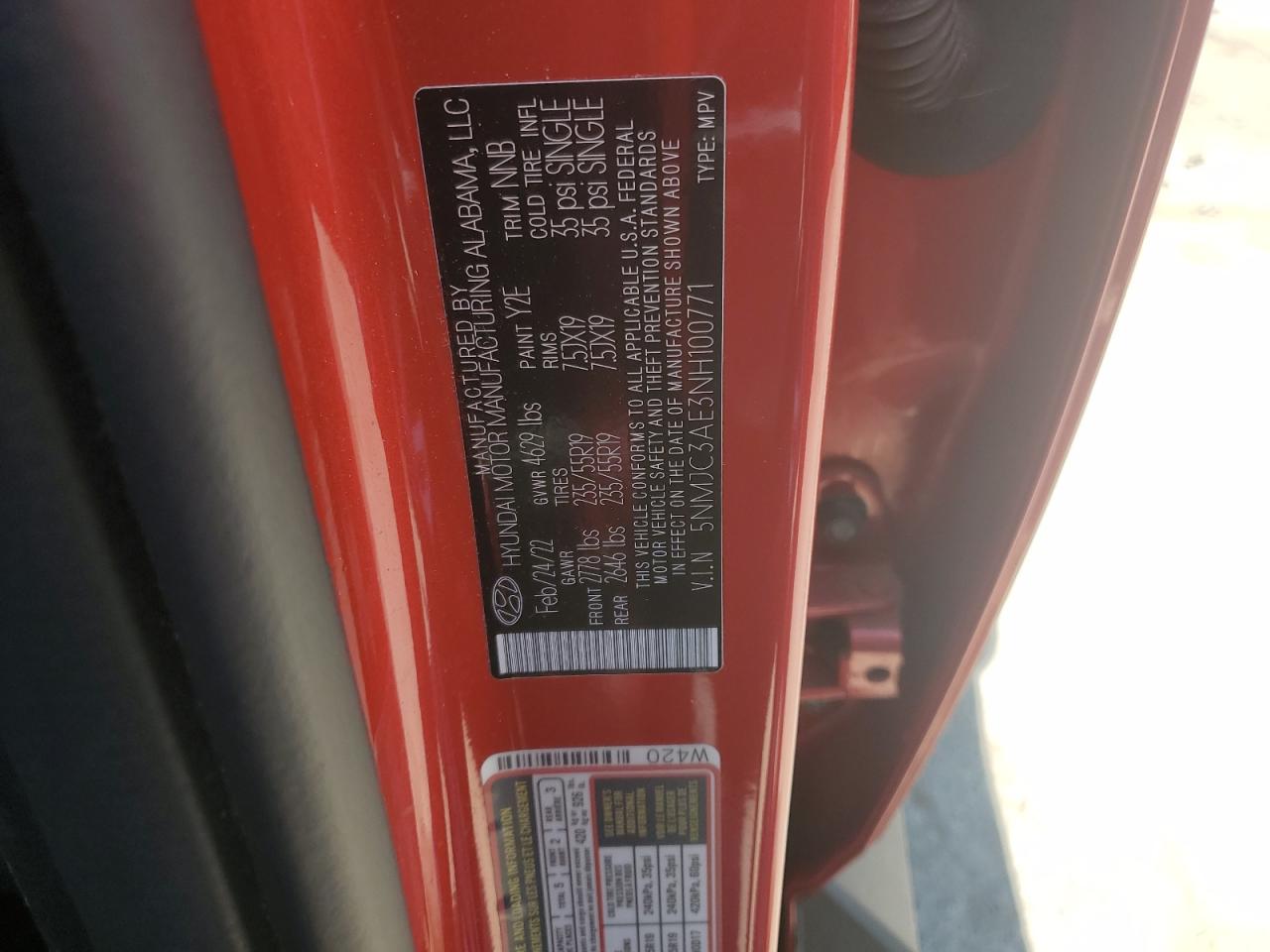 2022 Hyundai Tucson Sel VIN: 5NMJC3AE3NH100771 Lot: 59634474