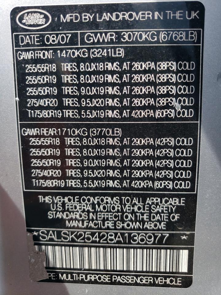 2008 Land Rover Range Rover Sport Hse VIN: SALSK25428A136977 Lot: 60454804