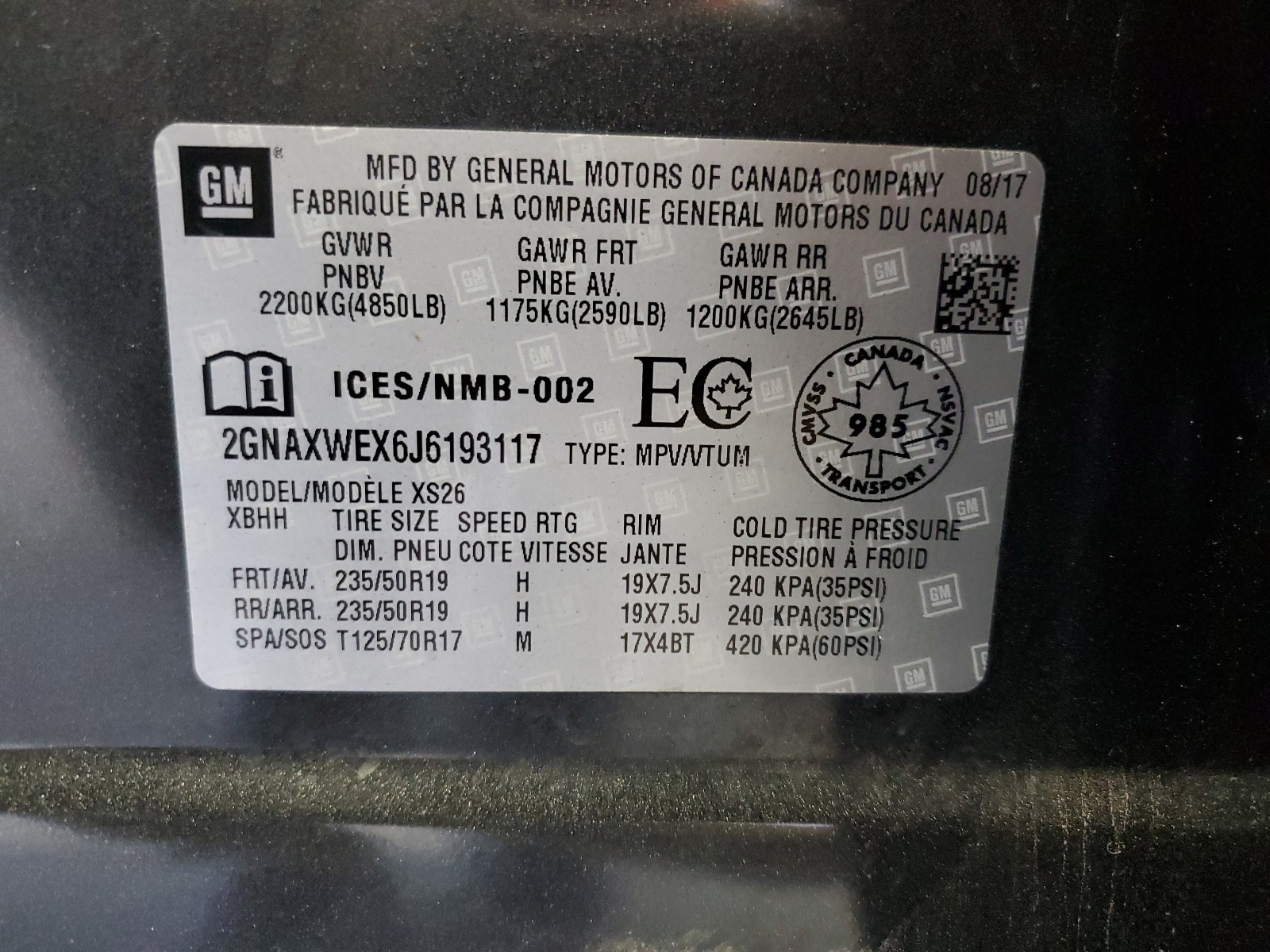 2GNAXWEX6J6193117 2018 Chevrolet Equinox Premier