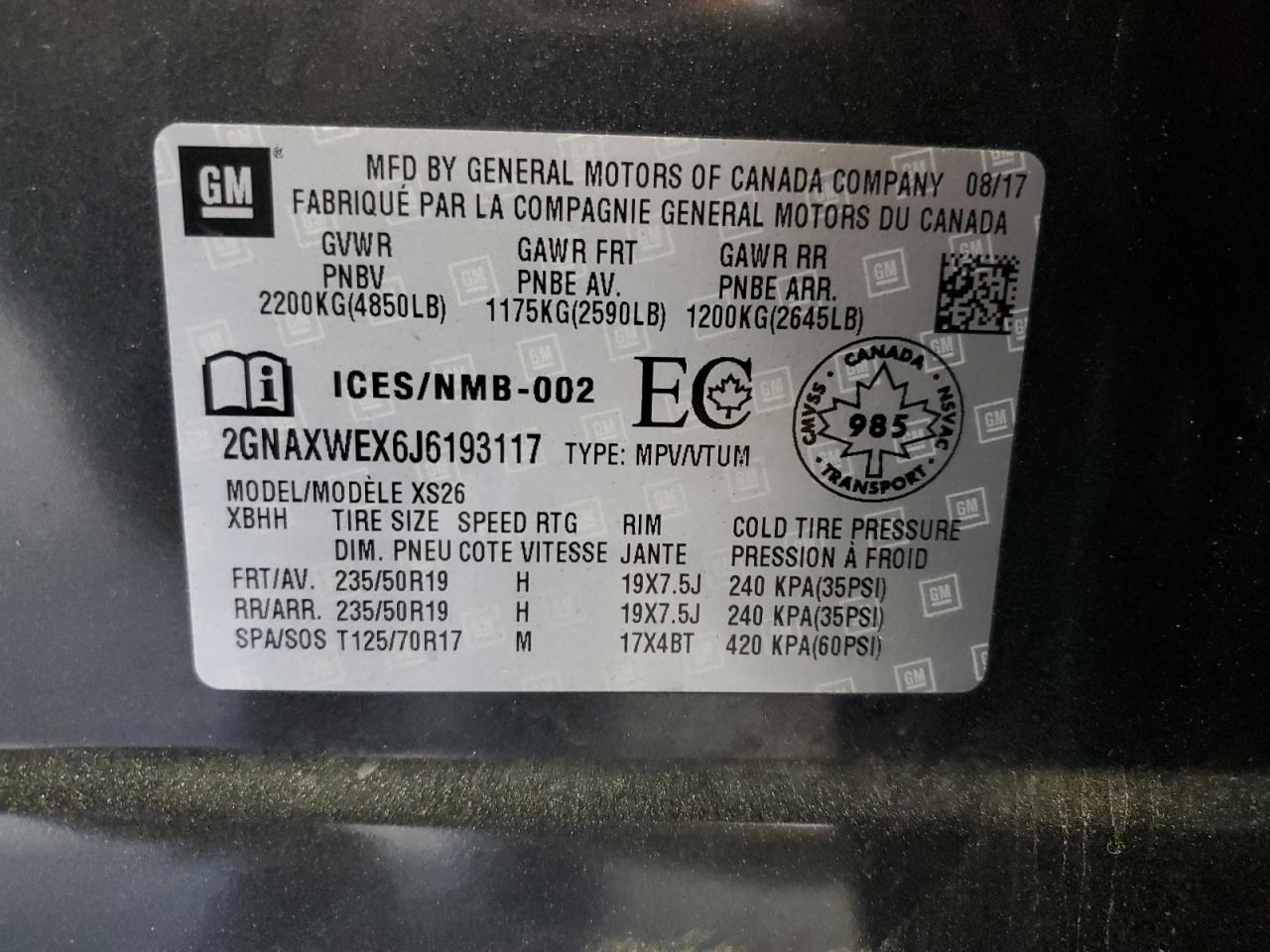 2018 Chevrolet Equinox Premier VIN: 2GNAXWEX6J6193117 Lot: 65248684