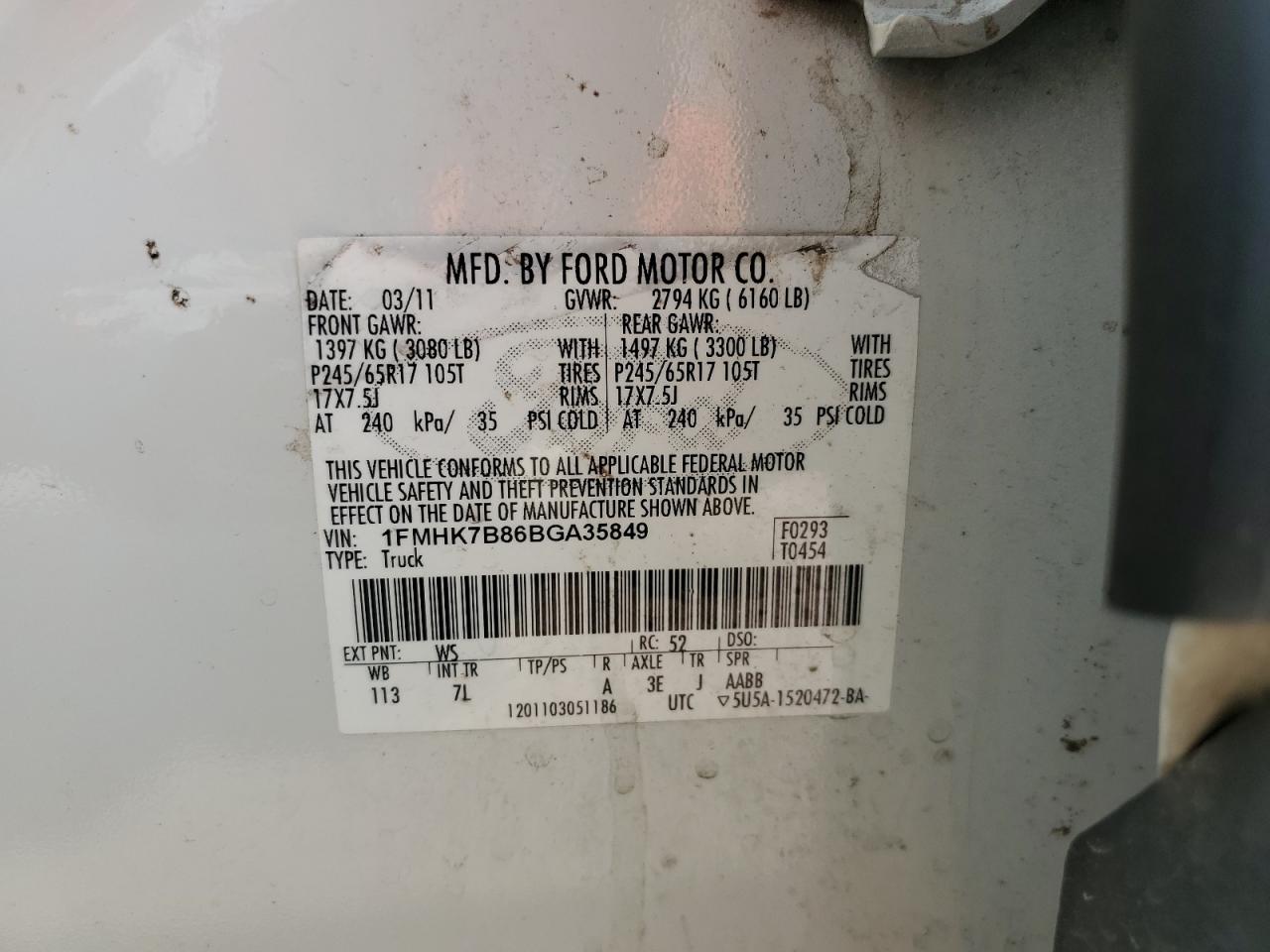 2011 Ford Explorer VIN: 1FMHK7B86BGA35849 Lot: 56662314