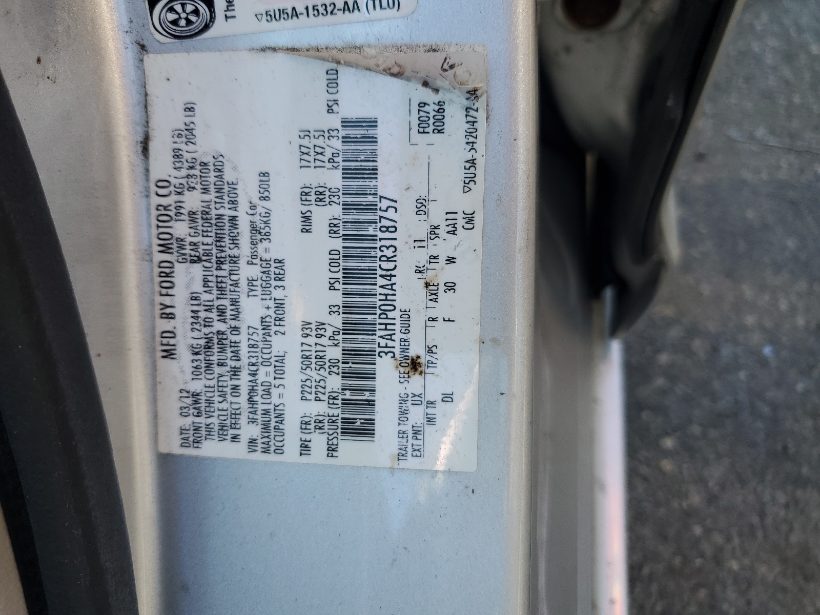 3FAHP0HA4CR318757 2012 Ford Fusion Se