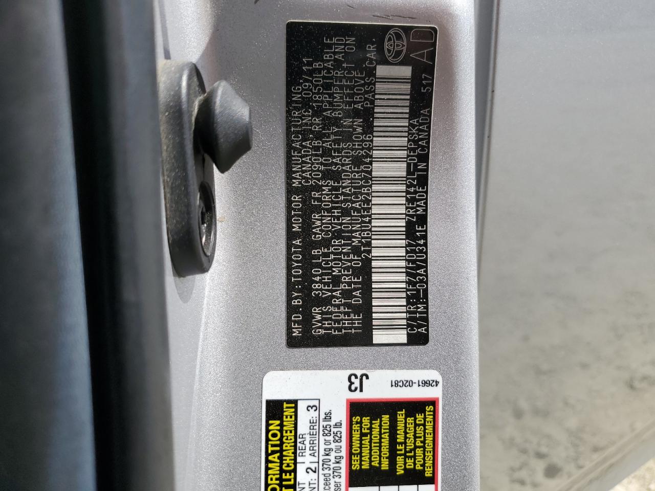 2011 Toyota Corolla Base VIN: 2T1BU4EE2BC704296 Lot: 60770804