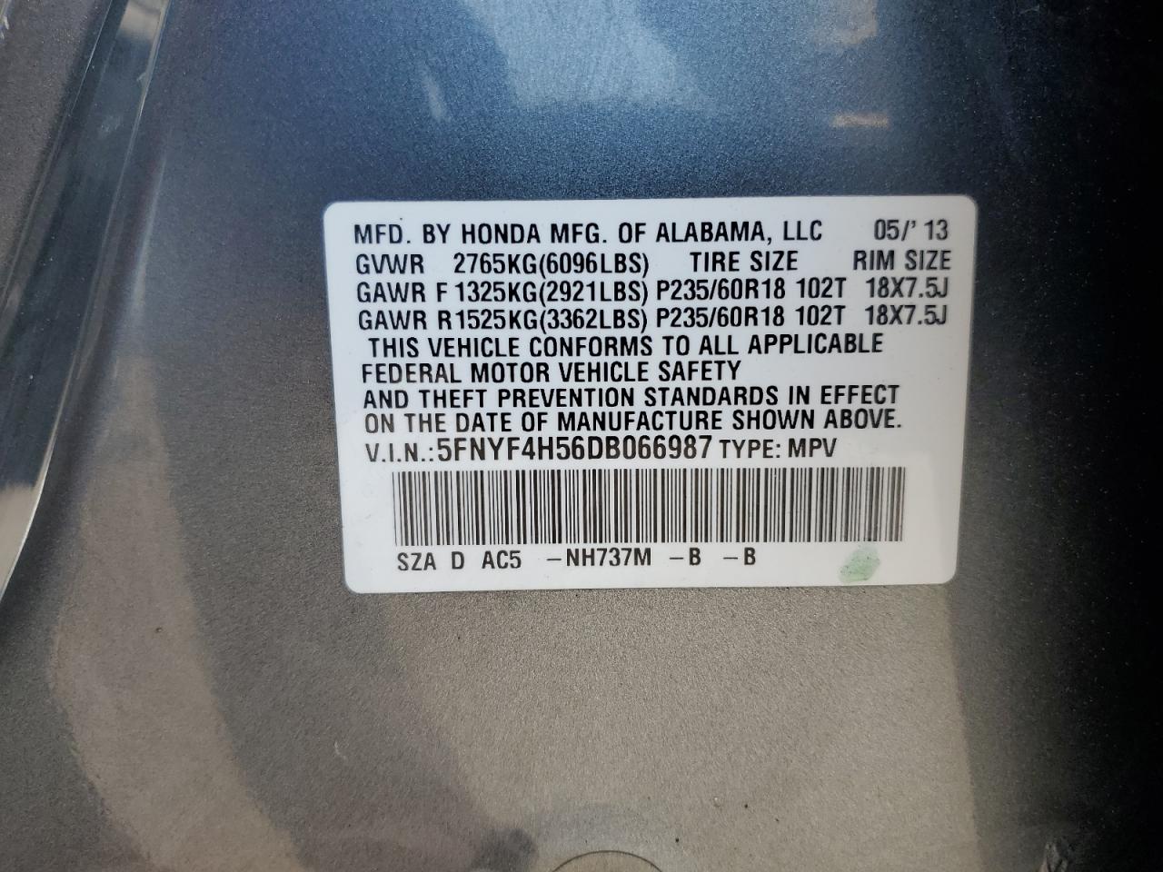 2013 Honda Pilot Exl VIN: 5FNYF4H56DB066987 Lot: 58075644