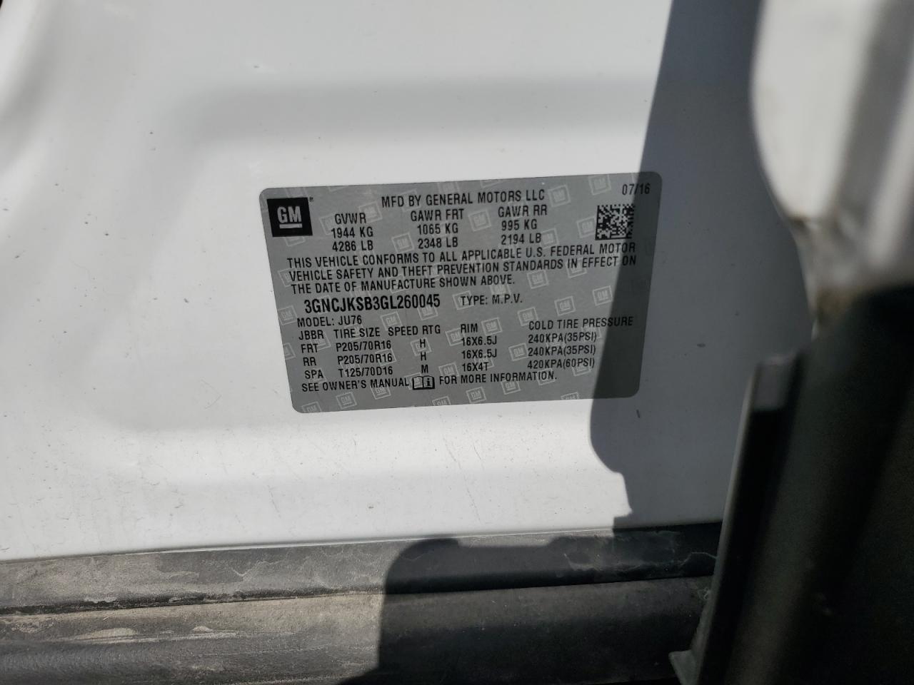 2016 Chevrolet Trax Ls VIN: 3GNCJKSB3GL260045 Lot: 59916734