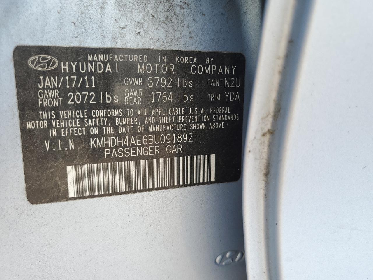 KMHDH4AE6BU091892 2011 Hyundai Elantra Gls