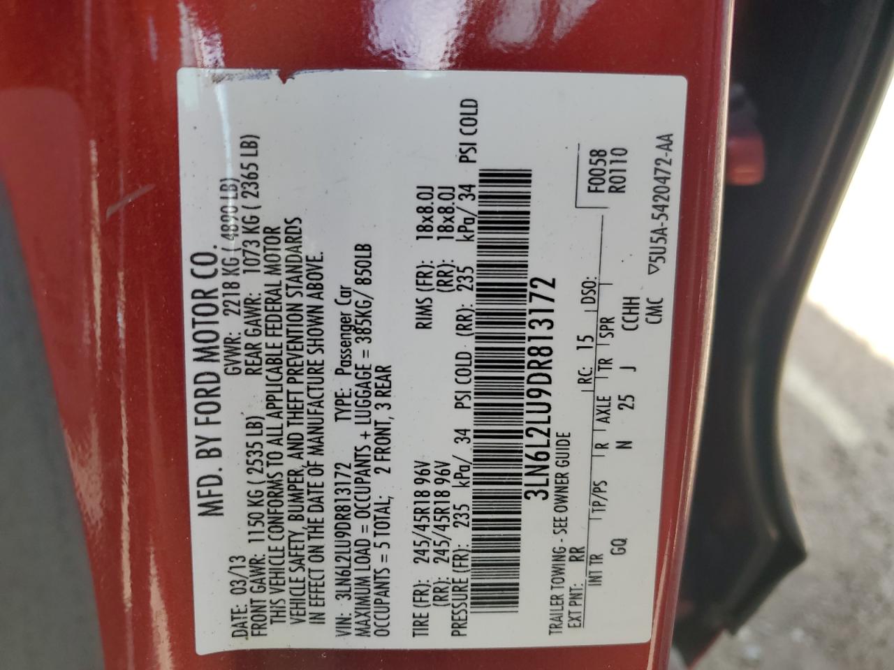 2013 Lincoln Mkz Hybrid VIN: 3LN6L2LU9DR813172 Lot: 58921354