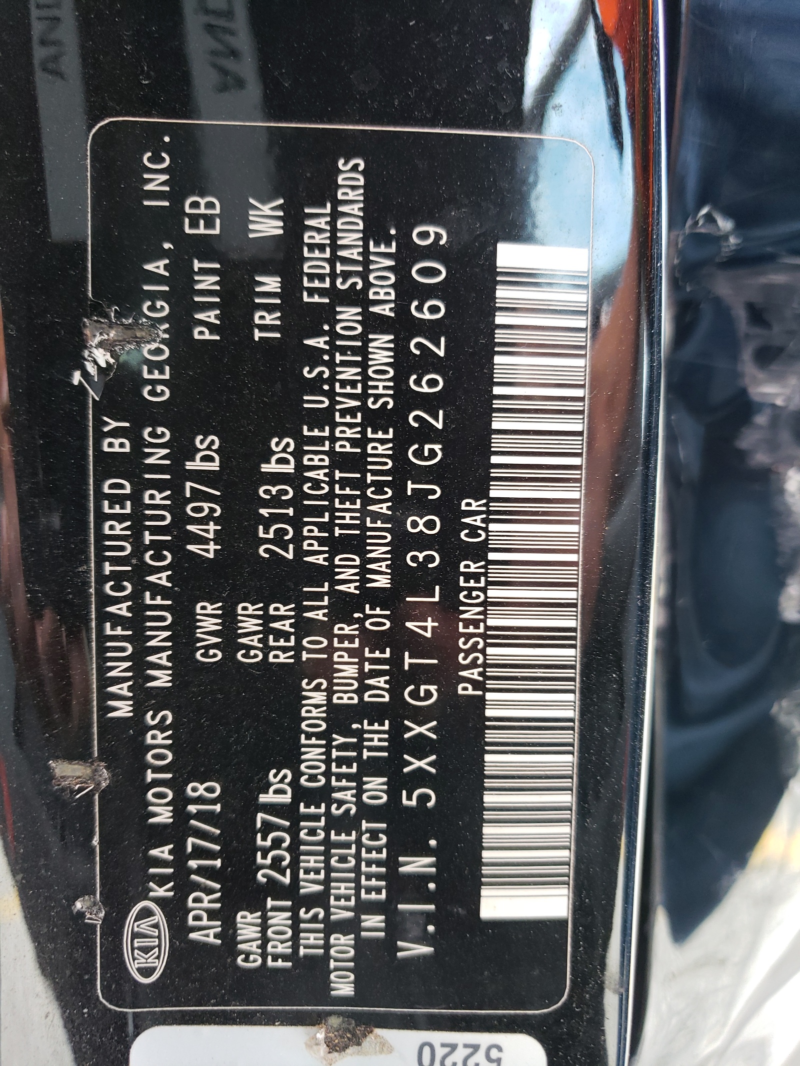 5XXGT4L38JG262609 2018 Kia Optima Lx