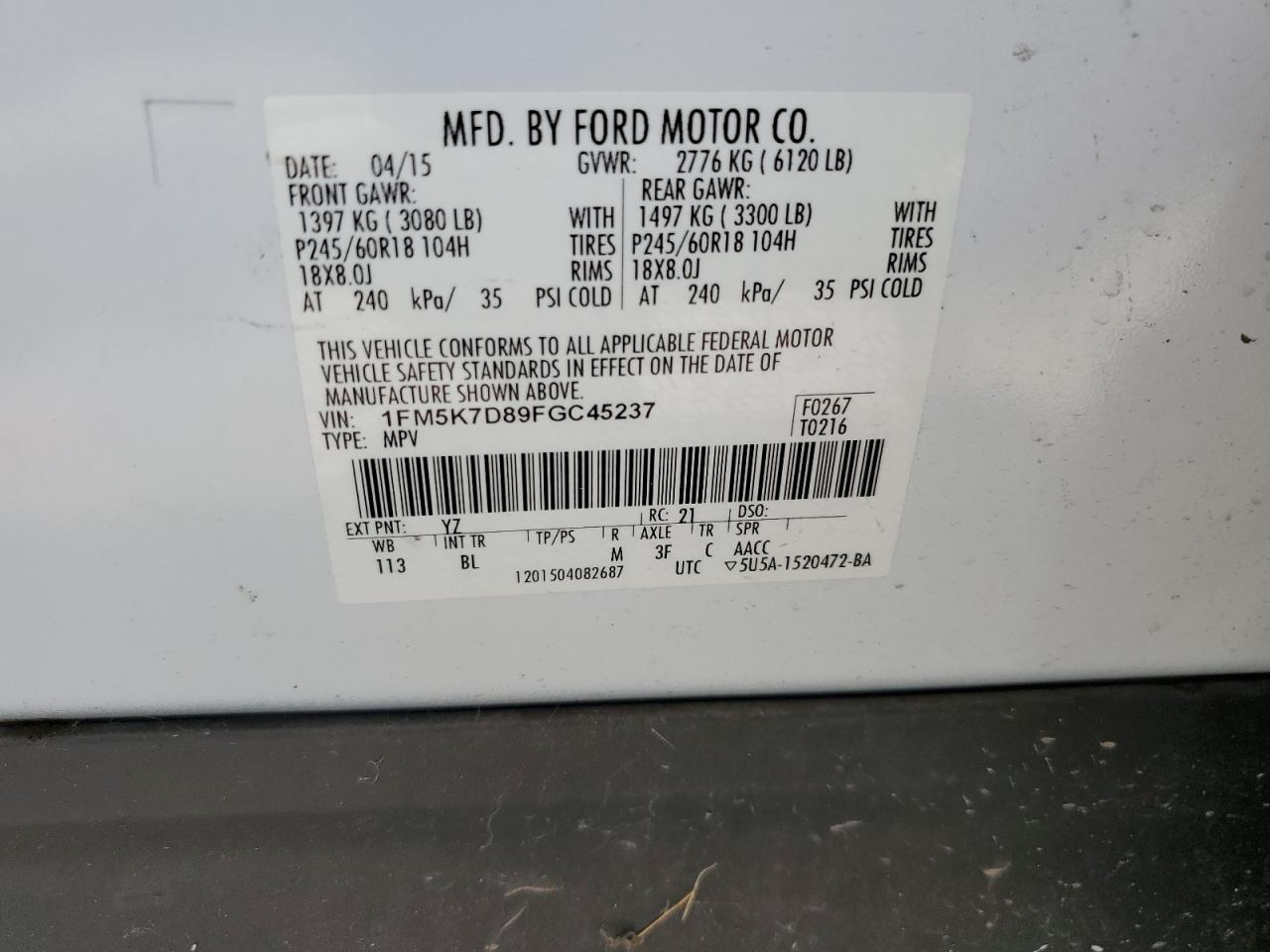 2015 Ford Explorer Xlt VIN: 1FM5K7D89FGC45237 Lot: 58857824