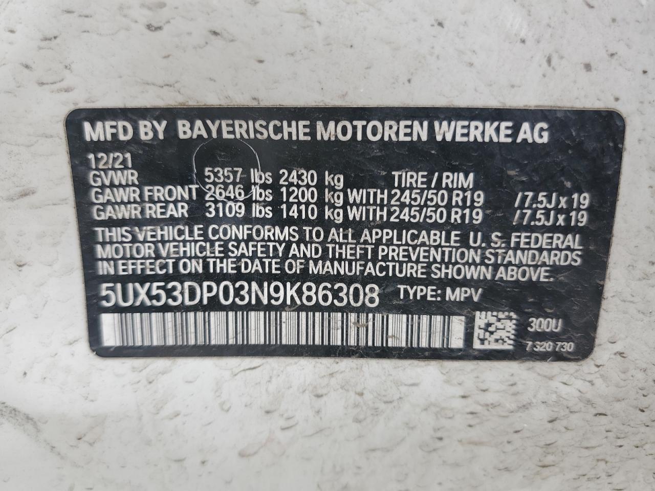 5UX53DP03N9K86308 2022 BMW X3 xDrive30I