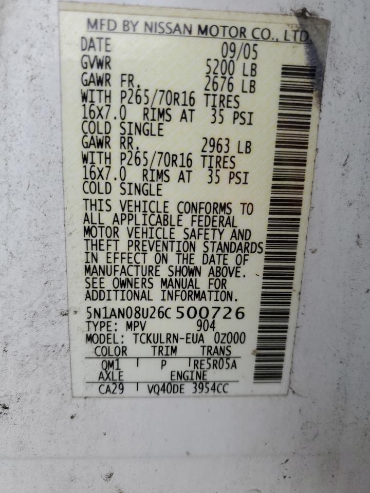 2006 Nissan Xterra Off Road VIN: 5N1AN08U26C500726 Lot: 60618884