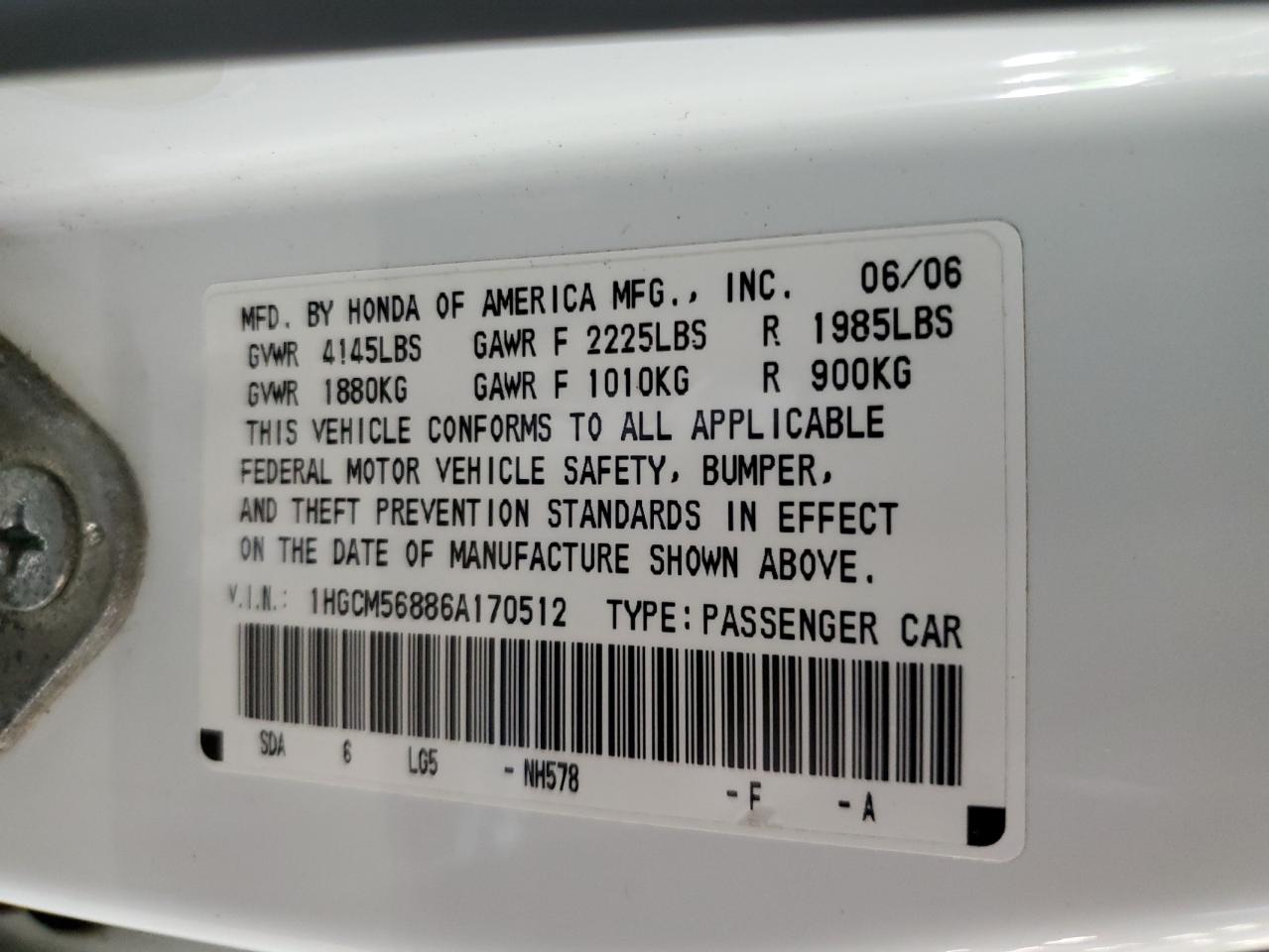 2006 Honda Accord Ex VIN: 1HGCM56886A170512 Lot: 59891774