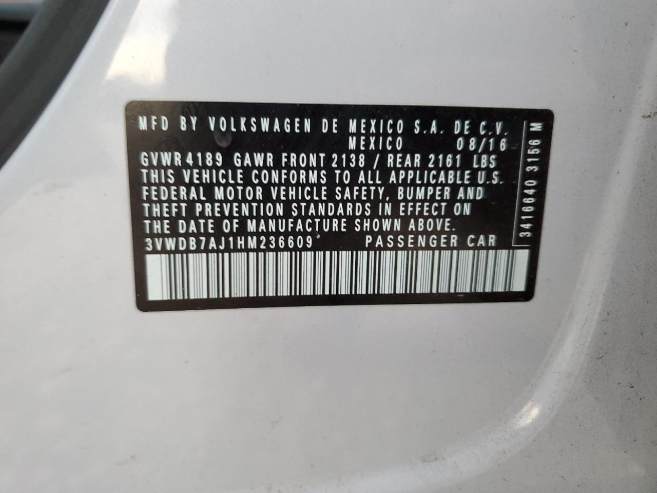 2017 Volkswagen Jetta Se VIN: 3VWDB7AJ1HM236609 Lot: 61245944