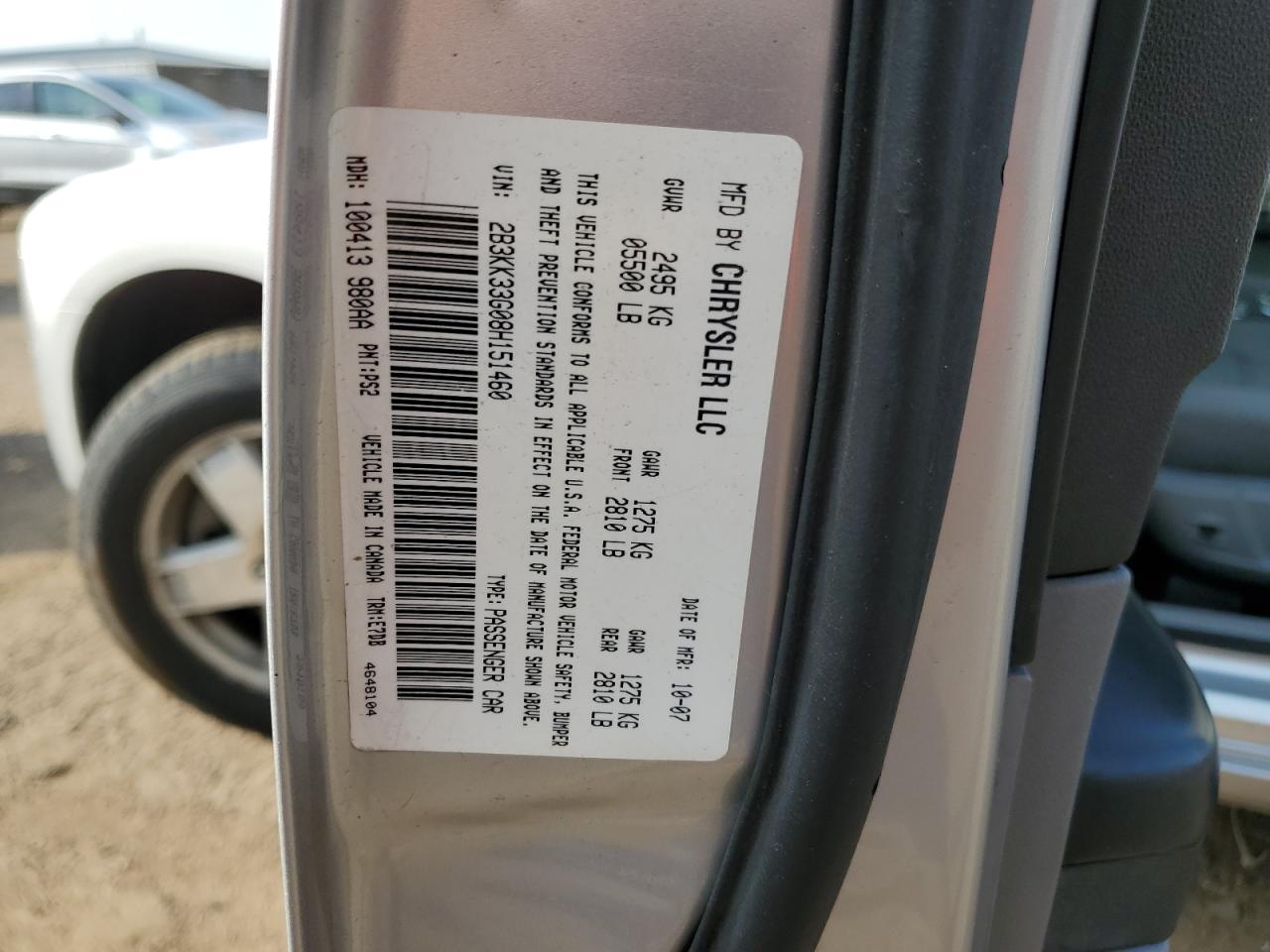 2008 Dodge Charger Sxt VIN: 2B3KK33G08H151460 Lot: 59280744