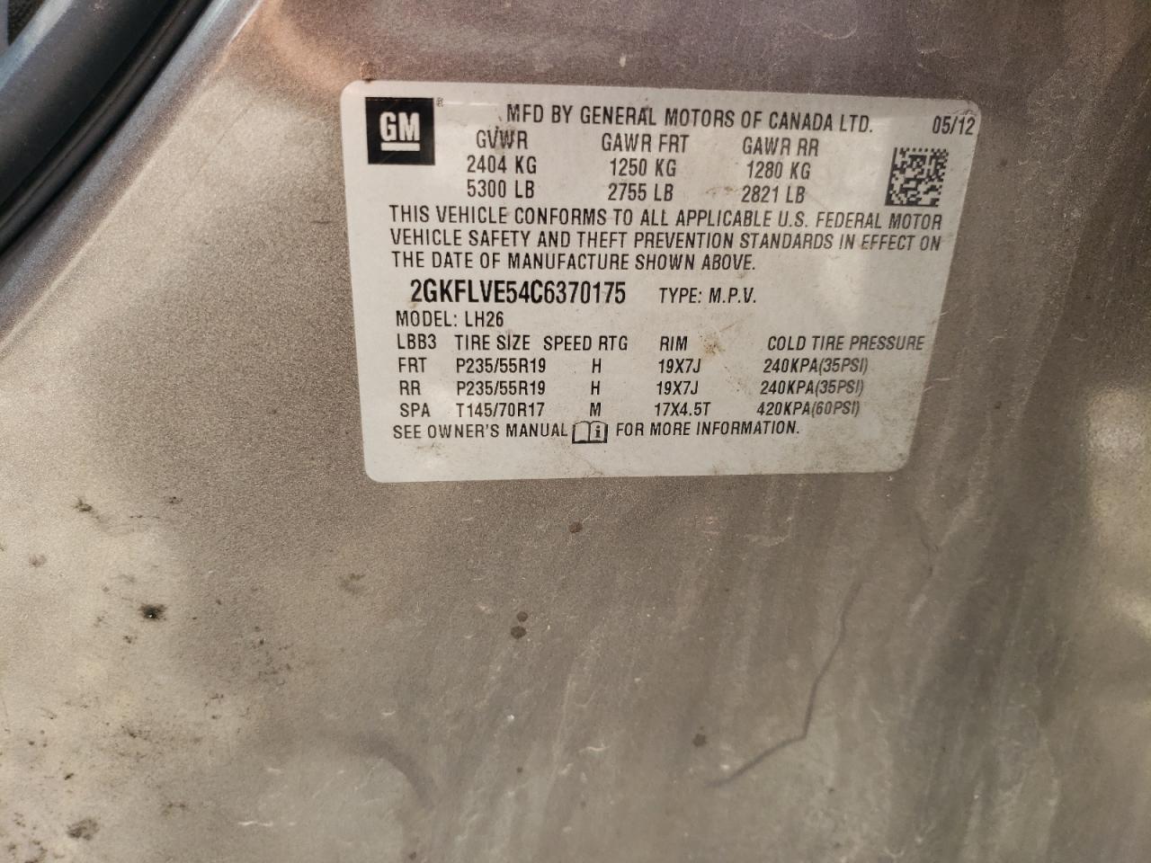 2012 GMC Terrain Slt VIN: 2GKFLVE54C6370175 Lot: 57262904