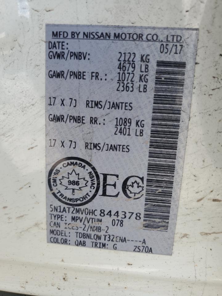 2017 Nissan Rogue Sv VIN: 5N1AT2MV0HC844378 Lot: 57839194