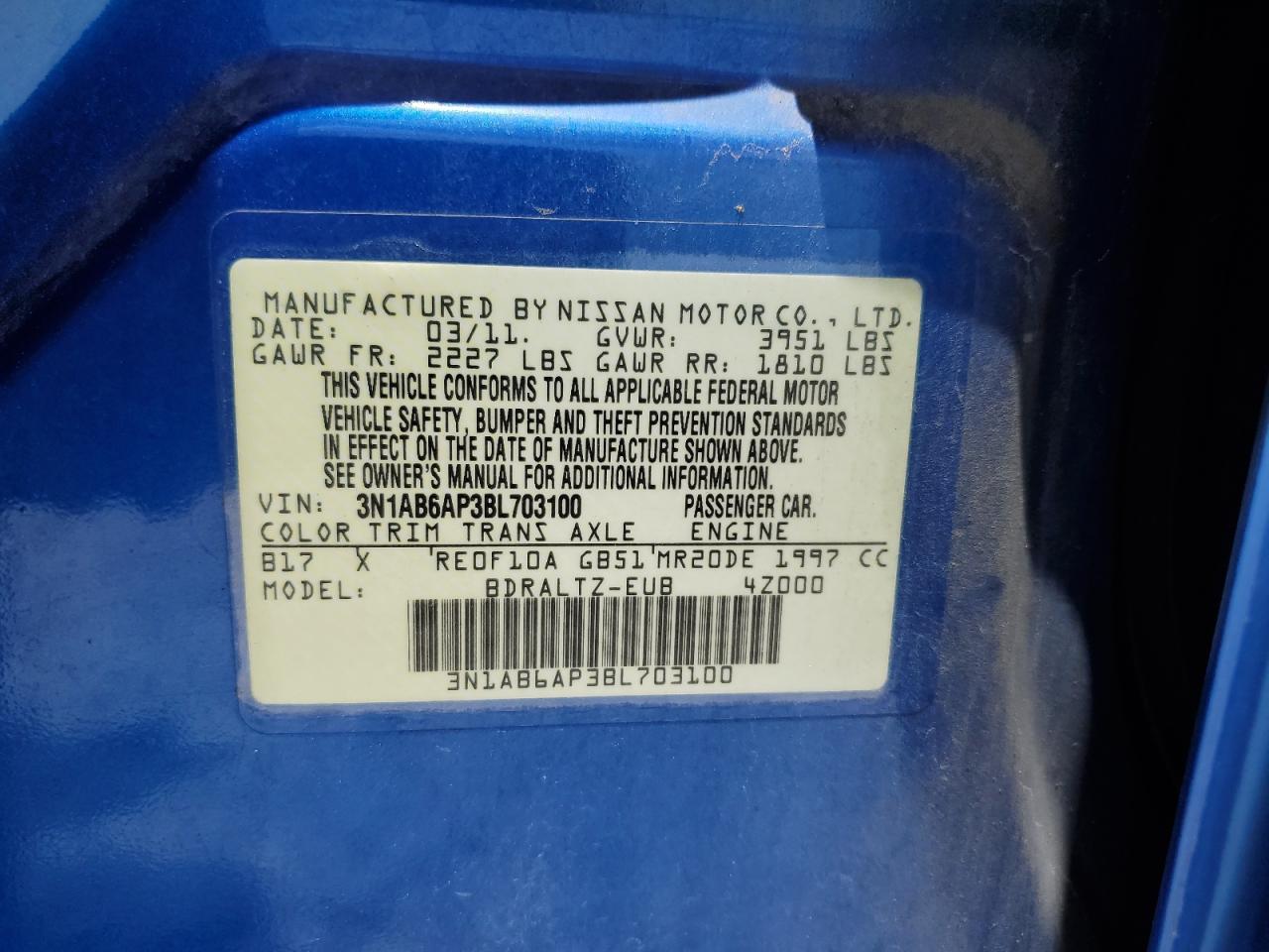 2011 Nissan Sentra 2.0 VIN: 3N1AB6AP3BL703100 Lot: 60618554