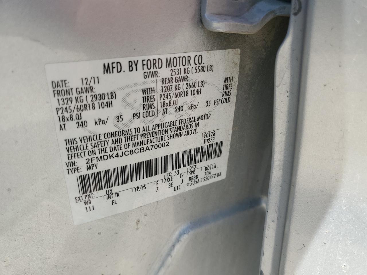 2012 Ford Edge Sel VIN: 2FMDK4JC8CBA70002 Lot: 77486104