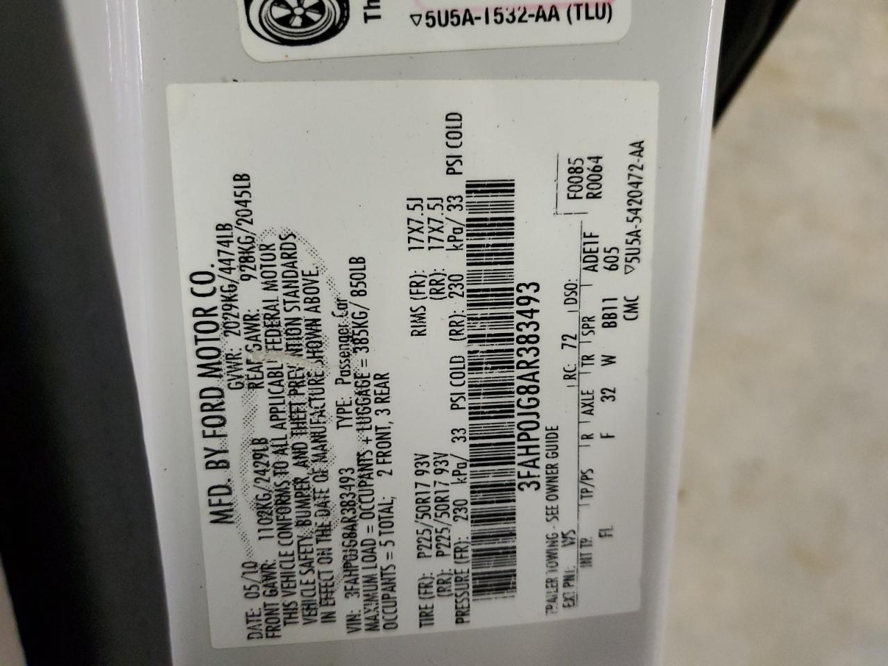 2010 Ford Fusion Sel VIN: 3FAHP0JG8AR383493 Lot: 58115134