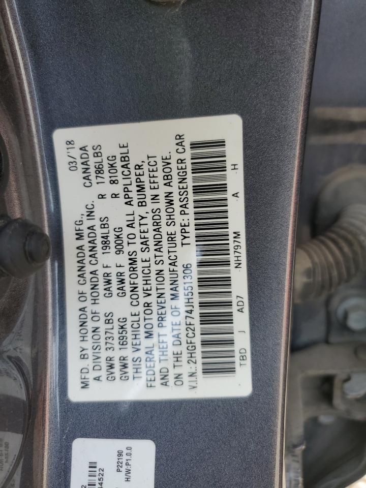 2018 Honda Civic Ex VIN: 2HGFC2F74JH551306 Lot: 56900554