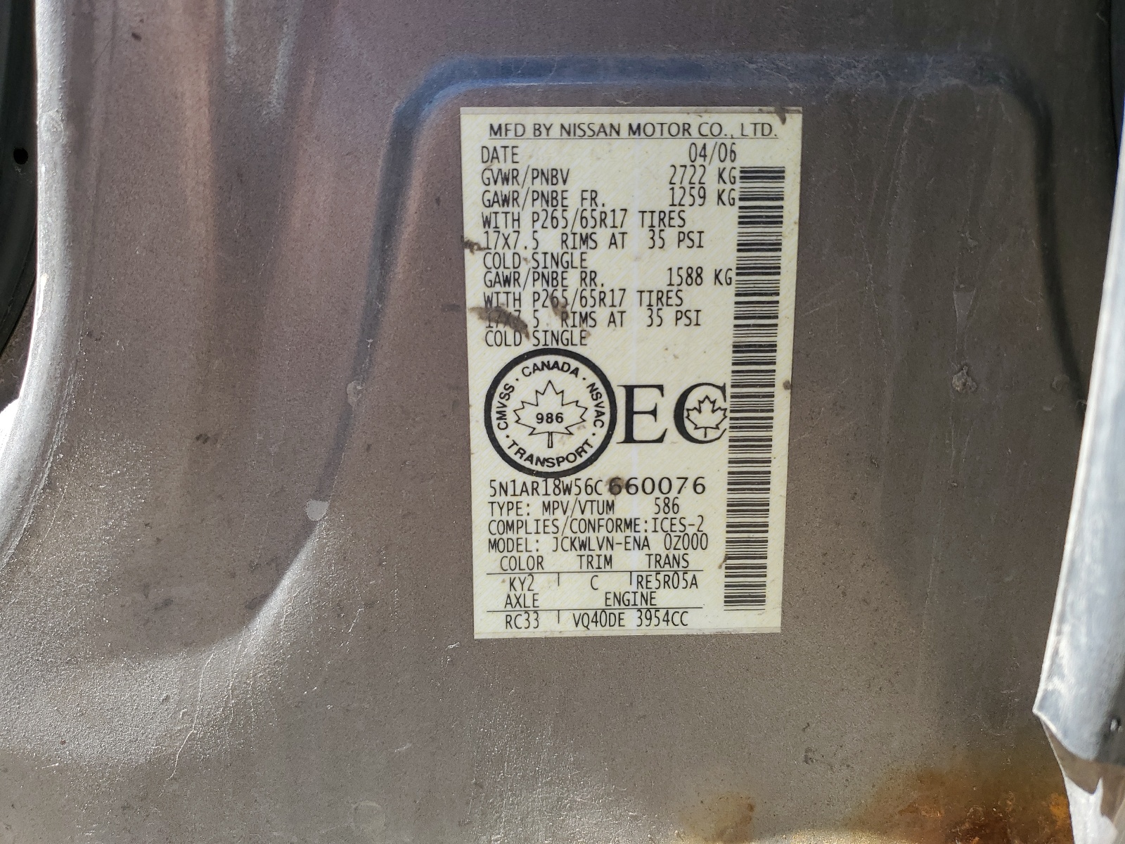 5N1AR18W56C660076 2006 Nissan Pathfinder Le