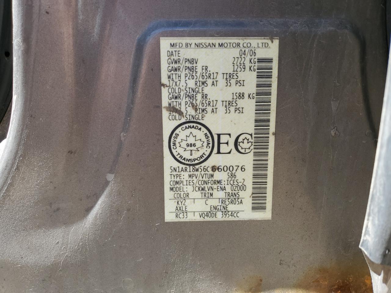 2006 Nissan Pathfinder Le VIN: 5N1AR18W56C660076 Lot: 58057774