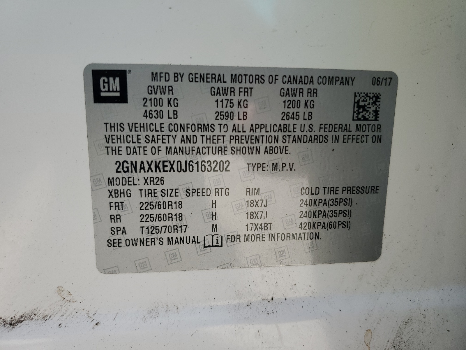 2GNAXKEX0J6163202 2018 Chevrolet Equinox Lt