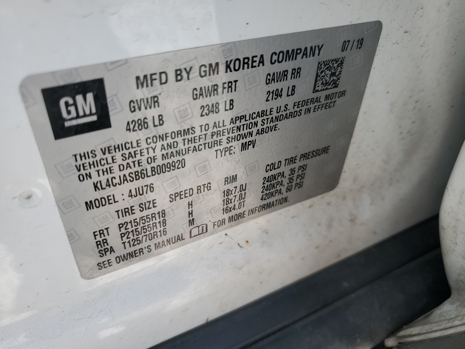 KL4CJASB6LB009920 2020 Buick Encore Preferred