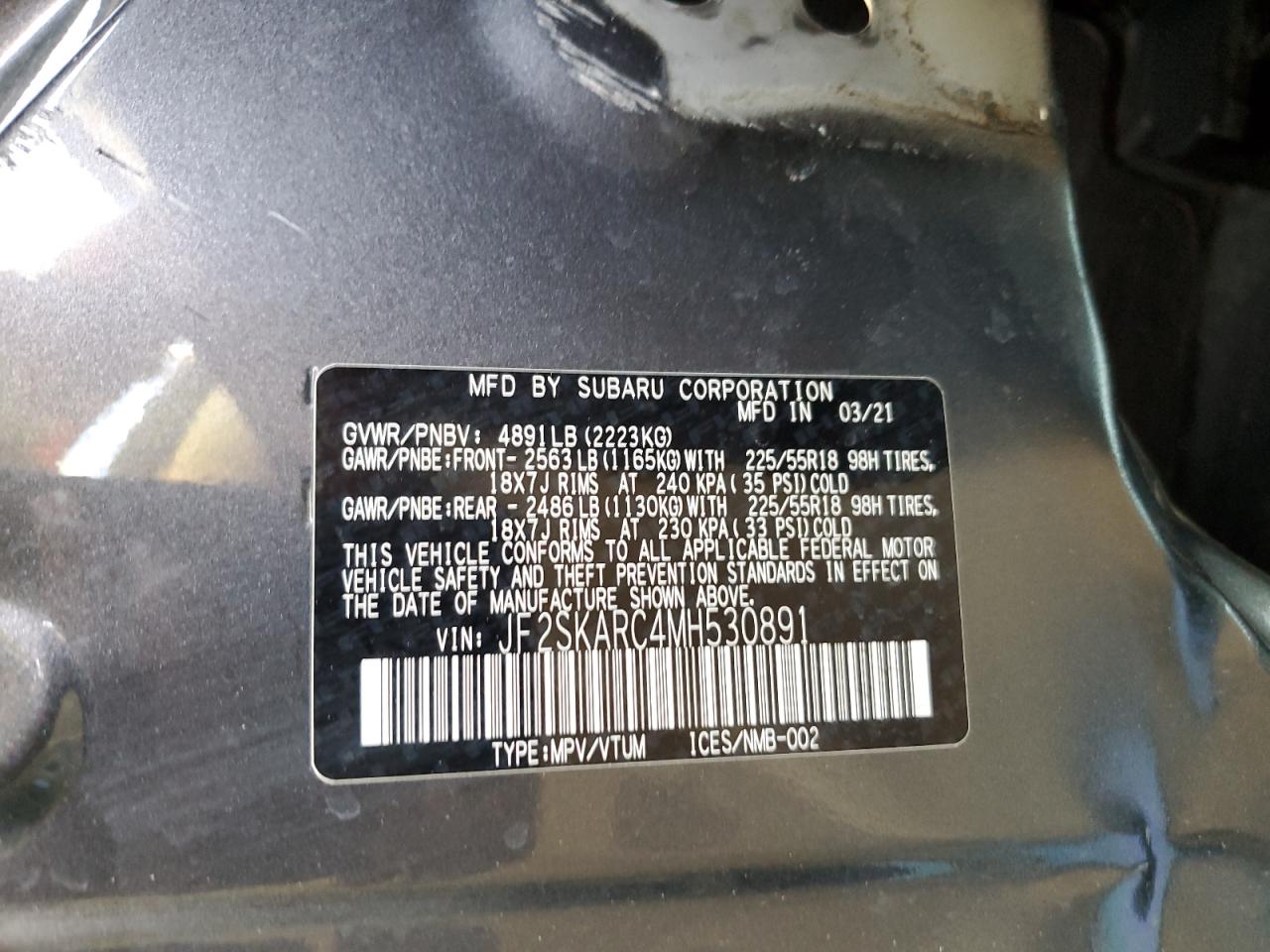 2021 Subaru Forester Sport VIN: JF2SKARC4MH530891 Lot: 57755794