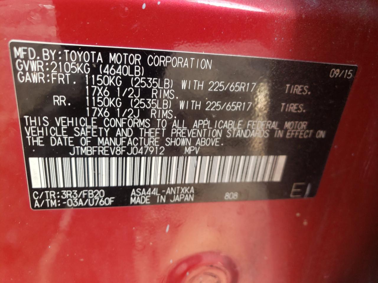 2015 Toyota Rav4 Le VIN: JTMBFREV8FJ047912 Lot: 58108984