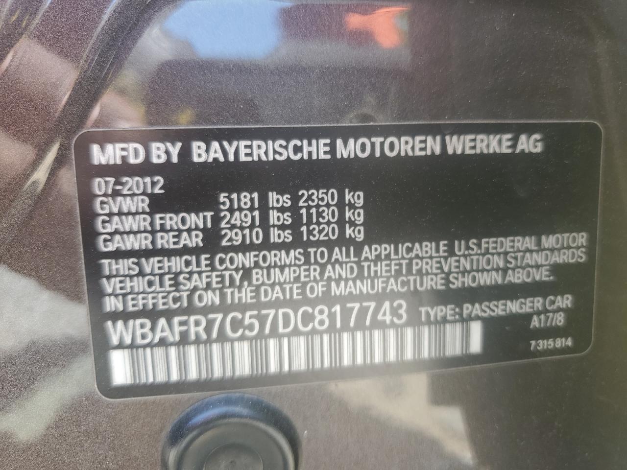 2013 BMW 535 I VIN: WBAFR7C57DC817743 Lot: 59016284