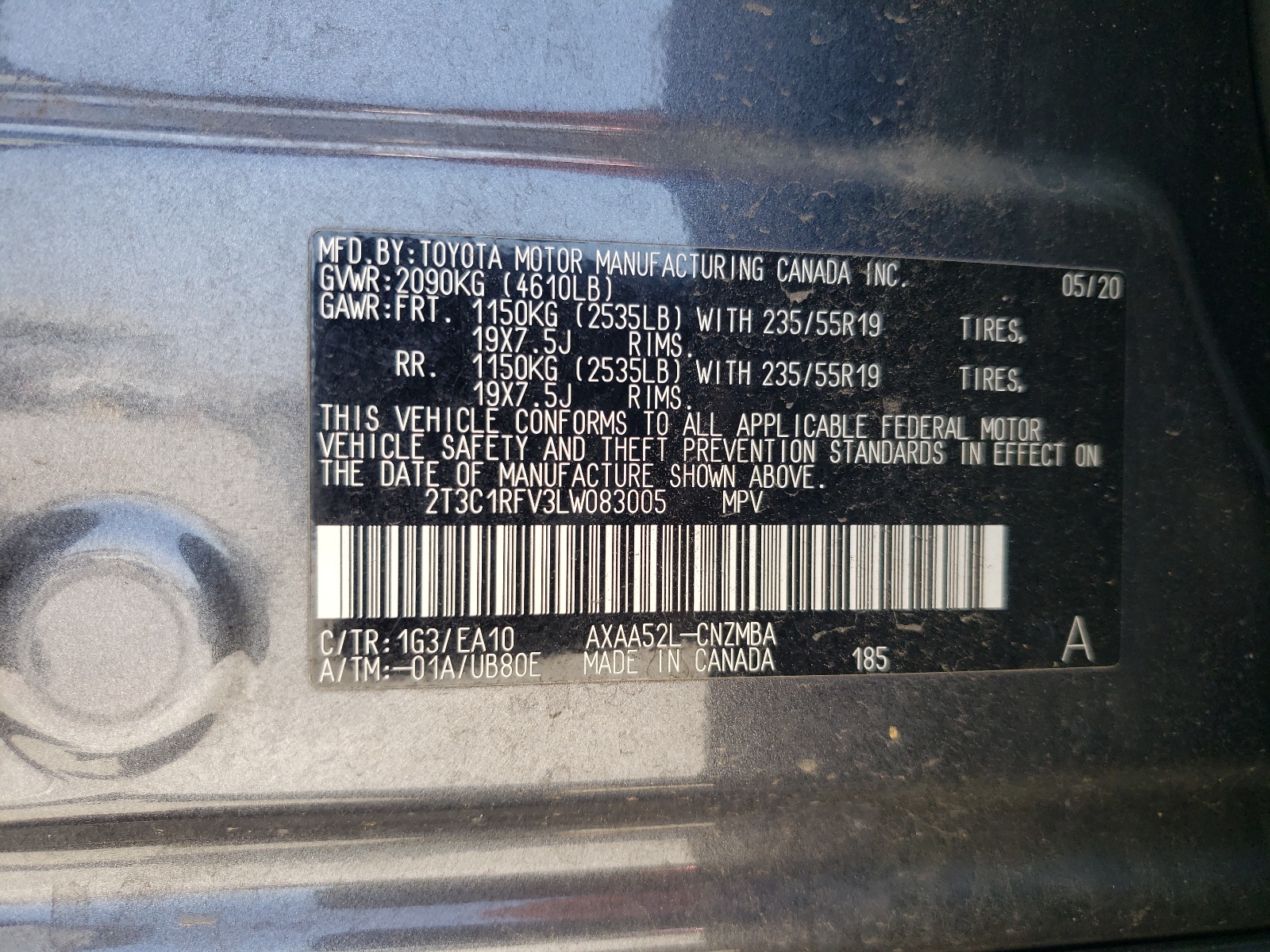 2T3C1RFV3LW083005 2020 Toyota Rav4 Xle Premium