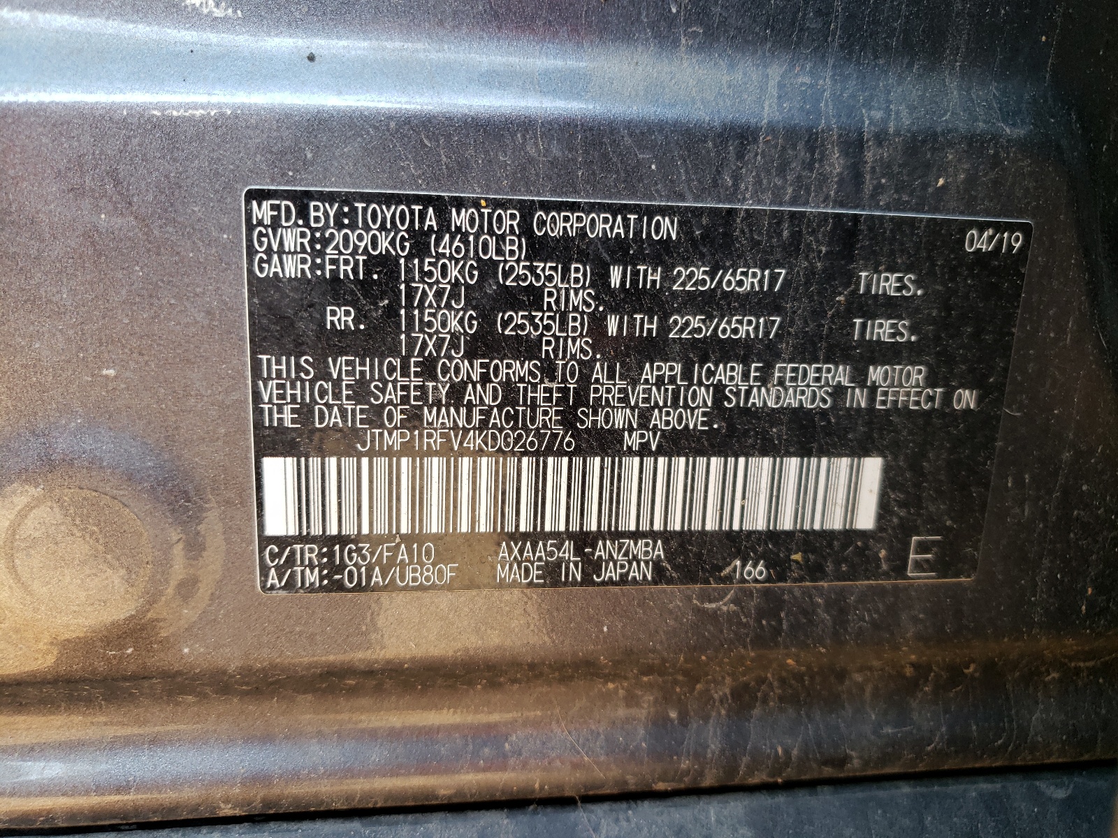 JTMP1RFV4KD026776 2019 Toyota Rav4 Xle