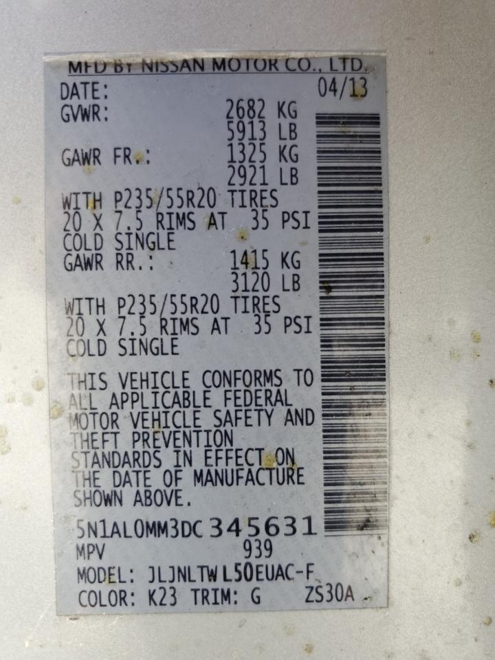 2013 Infiniti Jx35 VIN: 5N1AL0MM3DC345631 Lot: 59756274