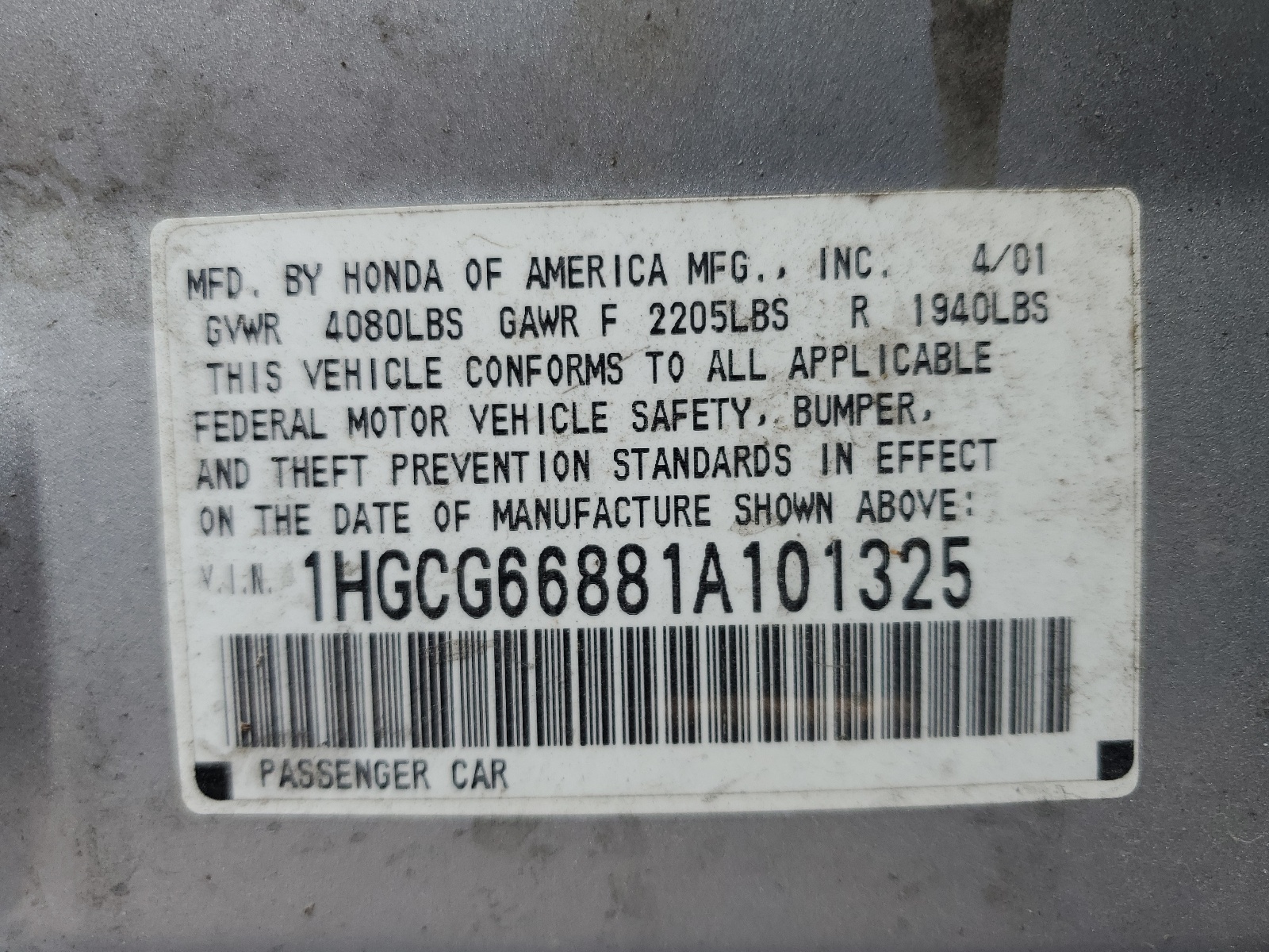 1HGCG66881A101325 2001 Honda Accord Ex