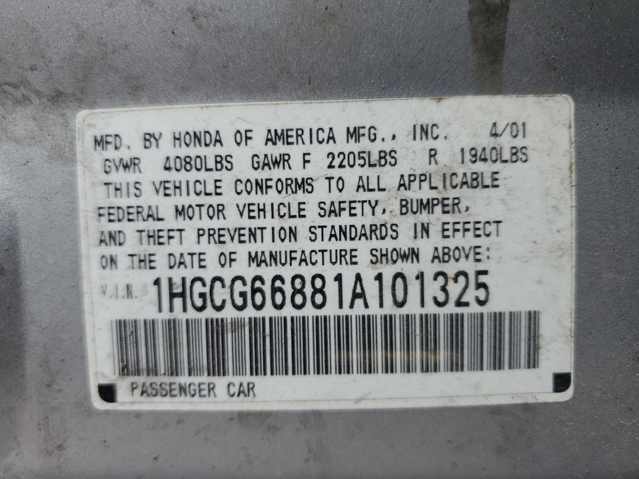 2001 Honda Accord Ex VIN: 1HGCG66881A101325 Lot: 60387604