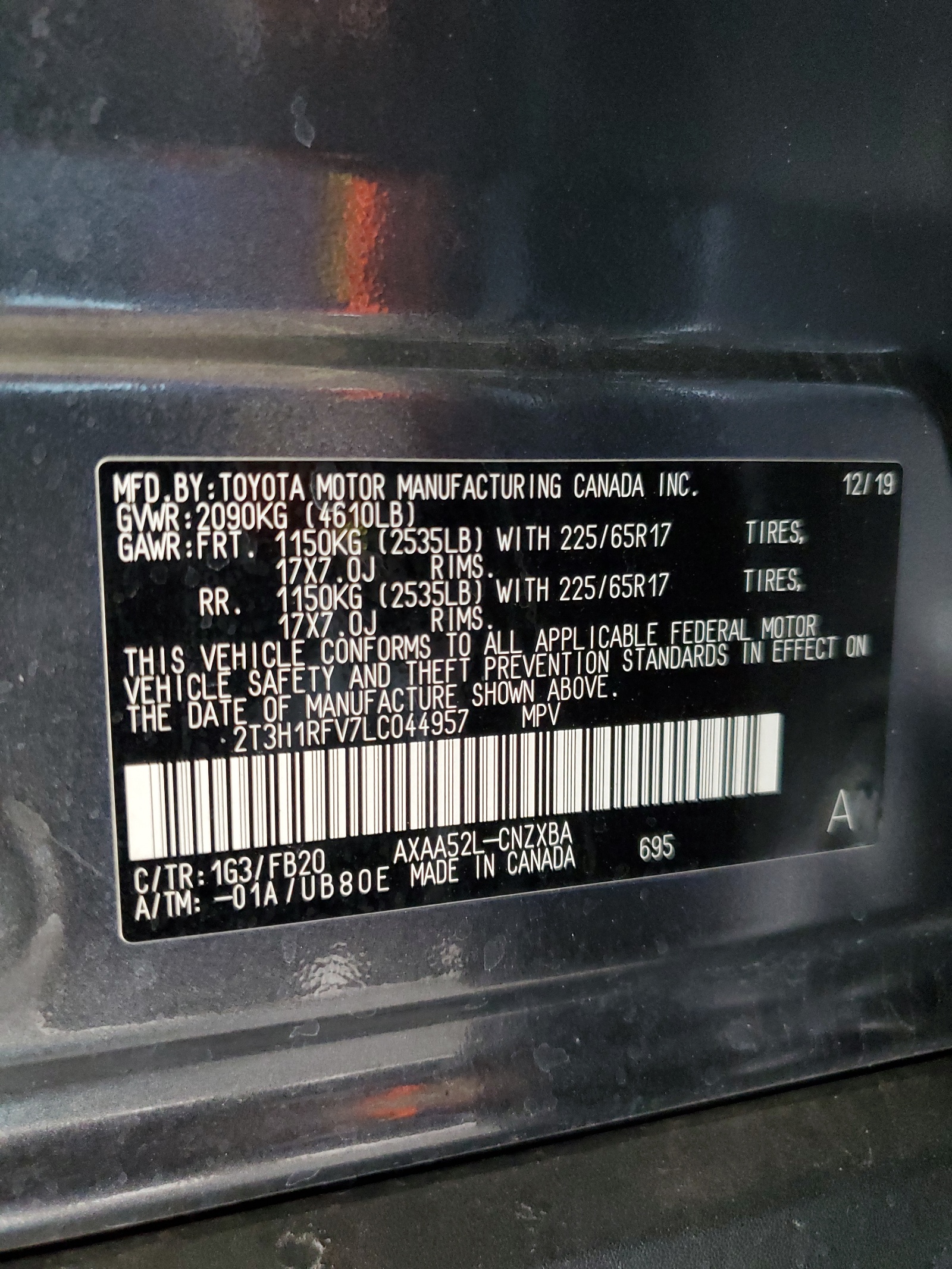 2T3H1RFV7LC044957 2020 Toyota Rav4 Le