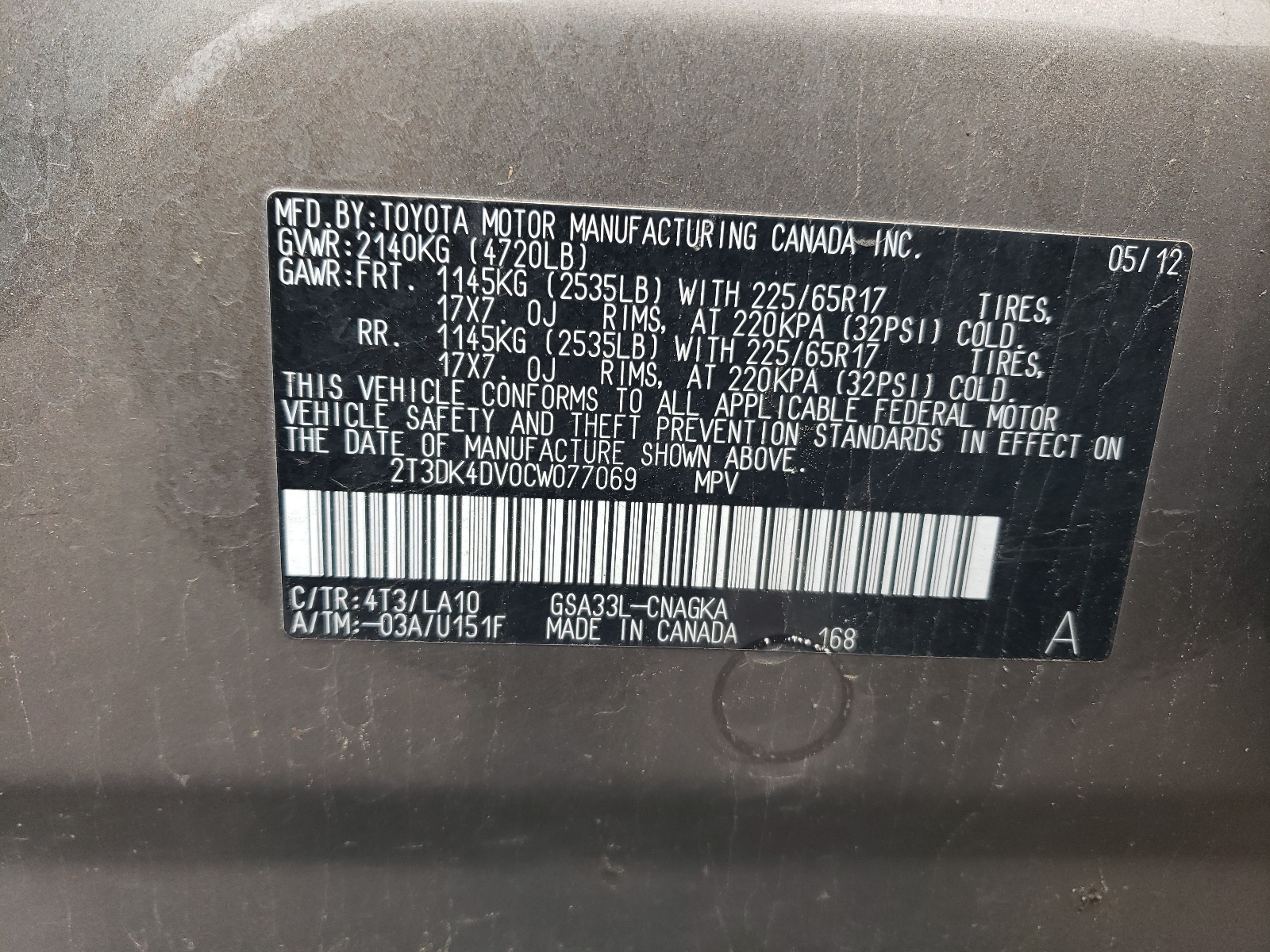 2T3DK4DV0CW077069 2012 Toyota Rav4 Limited