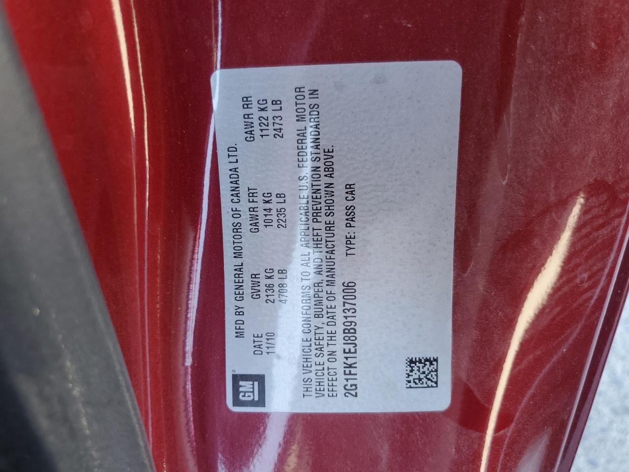 2011 Chevrolet Camaro 2Ss VIN: 2G1FK1EJ8B9137006 Lot: 60117184