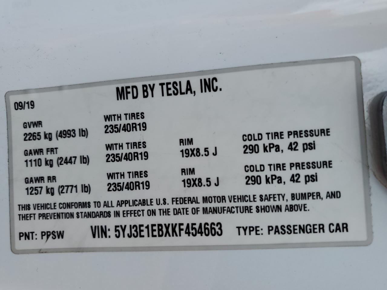 5YJ3E1EBXKF454663 2019 Tesla Model 3