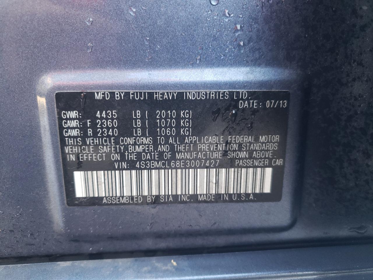 2014 Subaru Legacy 2.5I Limited VIN: 4S3BMCL68E3007427 Lot: 57260814