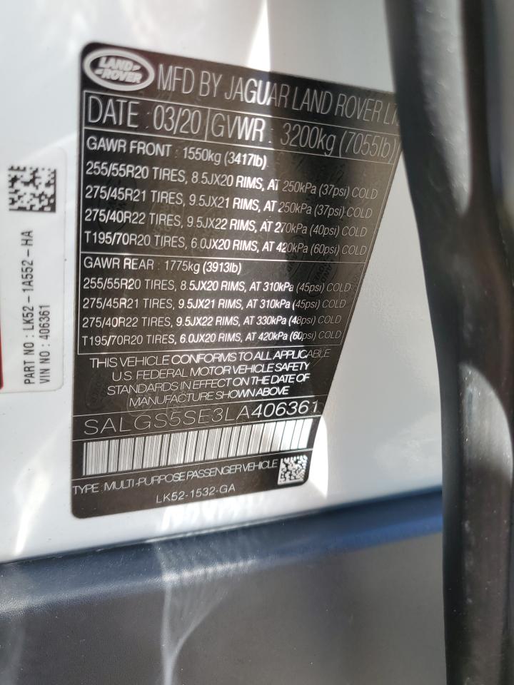 2020 Land Rover Range Rover P525 Hse VIN: SALGS5SE3LA406361 Lot: 59358654