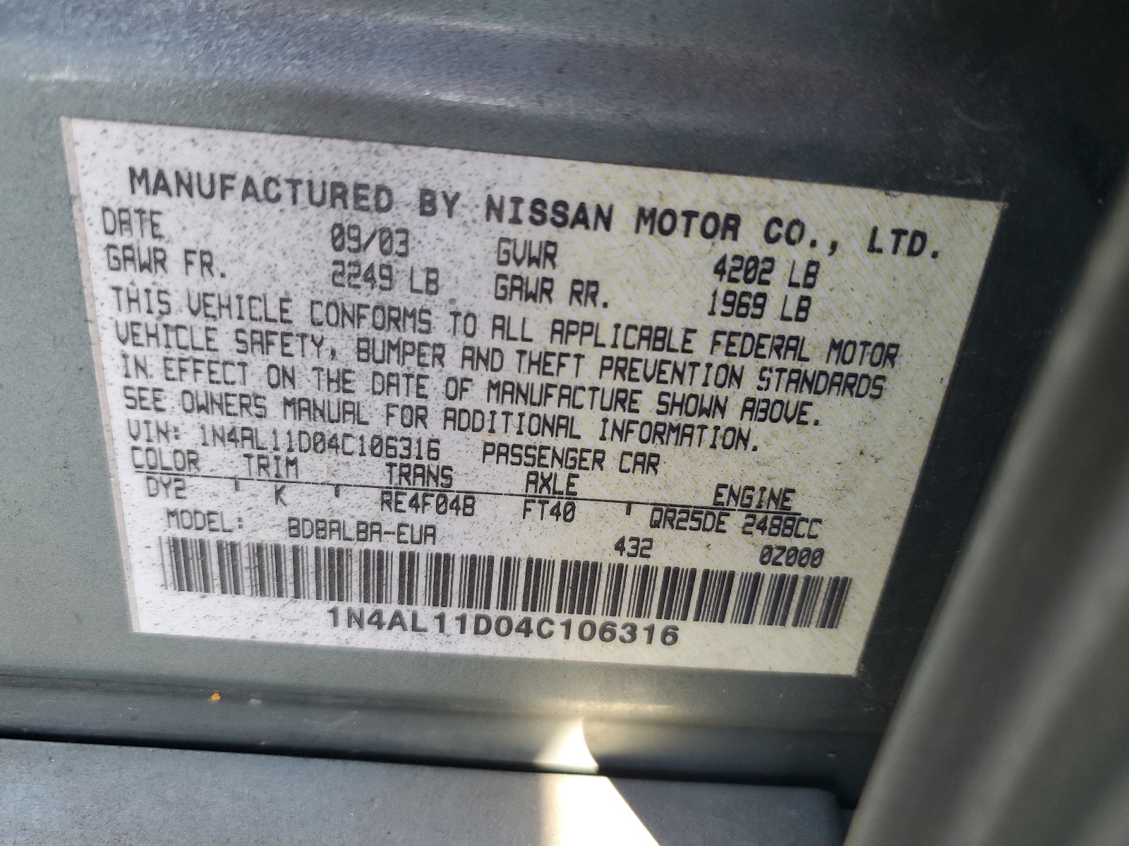 1N4AL11D04C106316 2004 Nissan Altima Base