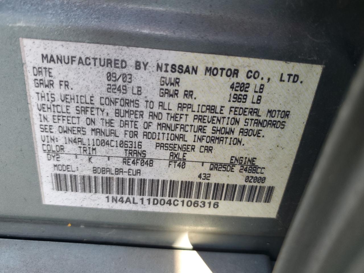 2004 Nissan Altima Base VIN: 1N4AL11D04C106316 Lot: 58423744