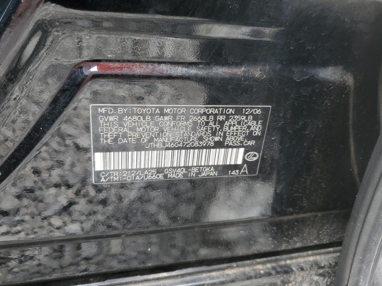 2007 Lexus Es 350 VIN: JTHBJ46G472083978 Lot: 59939334