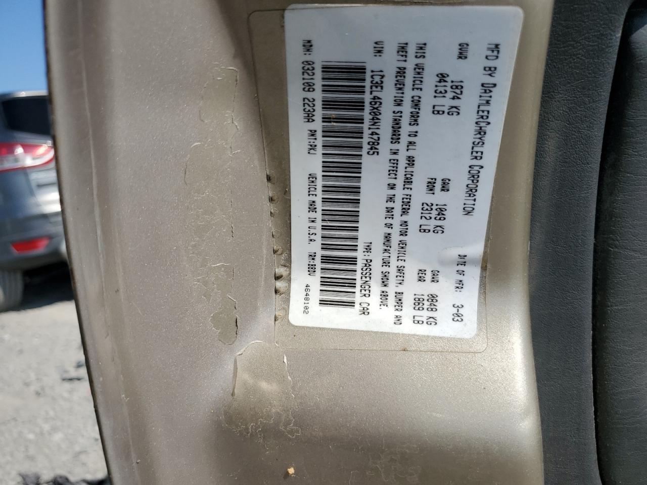 2004 Chrysler Sebring Lx VIN: 1C3EL46X04N147845 Lot: 60640394