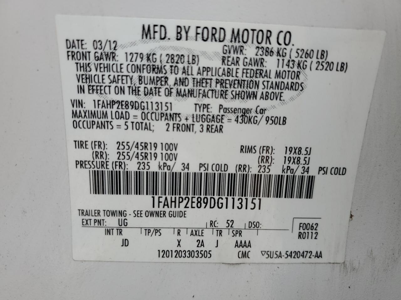 2013 Ford Taurus Sel VIN: 1FAHP2E89DG113151 Lot: 57512994